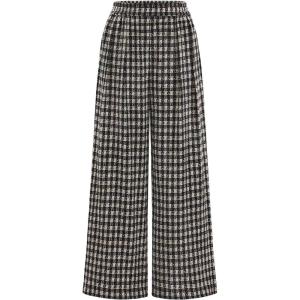 imagePRETTYGARDEN Casual Womens Pants 2025 Elastic Waist Palazzo Long Stretchy Wide Leg Trousers Knit Fall Outfits with PocketsPlaid Black Apricot