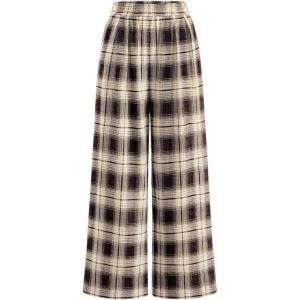 imagePRETTYGARDEN Casual Womens Pants 2025 Elastic Waist Palazzo Long Stretchy Wide Leg Trousers Knit Fall Outfits with PocketsPlaid Brown Apricot