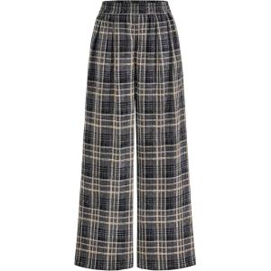 imagePRETTYGARDEN Casual Womens Pants 2025 Elastic Waist Palazzo Long Stretchy Wide Leg Trousers Knit Fall Outfits with PocketsPlaid Navy