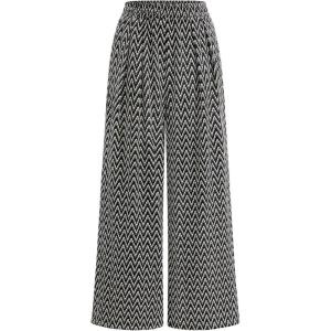 imagePRETTYGARDEN Casual Womens Pants 2025 Elastic Waist Palazzo Long Stretchy Wide Leg Trousers Knit Fall Outfits with PocketsStriped Black