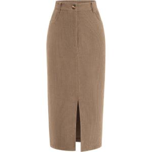 imagePRETTYGARDEN Corduroy Skirt Women Fall Fashion 2025 High Waisted Pencil Midi Skirts Business Casual Work Office Winter OutfitCamel