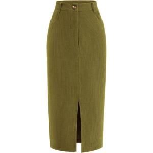 imagePRETTYGARDEN Corduroy Skirt Women Fall Fashion 2025 High Waisted Pencil Midi Skirts Business Casual Work Office Winter OutfitGreen