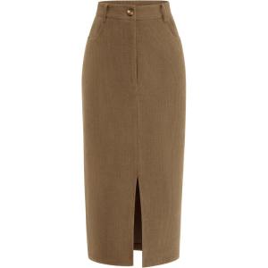 imagePRETTYGARDEN Corduroy Skirt Women Fall Fashion 2025 High Waisted Pencil Midi Skirts Business Casual Work Office Winter OutfitKhaki