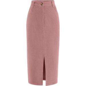imagePRETTYGARDEN Corduroy Skirt Women Fall Fashion 2025 High Waisted Pencil Midi Skirts Business Casual Work Office Winter OutfitPink