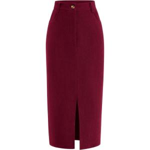 imagePRETTYGARDEN Corduroy Skirt Women Fall Fashion 2025 High Waisted Pencil Midi Skirts Business Casual Work Office Winter OutfitWine Red