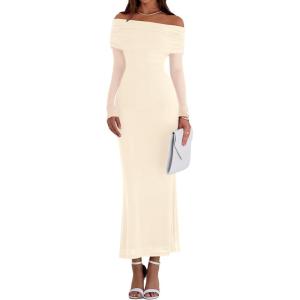 imagePRETTYGARDEN Fall Dresses for Women 2025 Elegant Off The Shoulder Long Sleeve Formal Wedding Guest Bodycon Maxi DressApricot