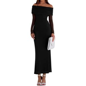 imagePRETTYGARDEN Fall Dresses for Women 2025 Elegant Off The Shoulder Long Sleeve Formal Wedding Guest Bodycon Maxi DressBlack
