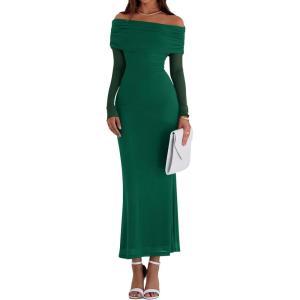 imagePRETTYGARDEN Fall Dresses for Women 2025 Elegant Off The Shoulder Long Sleeve Formal Wedding Guest Bodycon Maxi DressGreen