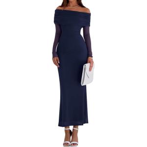 imagePRETTYGARDEN Fall Dresses for Women 2025 Elegant Off The Shoulder Long Sleeve Formal Wedding Guest Bodycon Maxi DressNavy