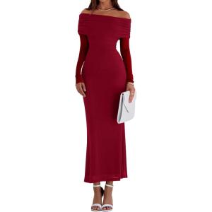 imagePRETTYGARDEN Fall Dresses for Women 2025 Elegant Off The Shoulder Long Sleeve Formal Wedding Guest Bodycon Maxi DressWine Red