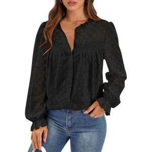 imagePRETTYGARDEN Lace Long Sleeve Shirts Fall Outfits for Women 2025 Casual Button Down Going Out Tops Hollow Out Eyelet BlousesBlack