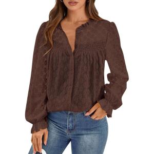 imagePRETTYGARDEN Lace Long Sleeve Shirts Fall Outfits for Women 2025 Casual Button Down Going Out Tops Hollow Out Eyelet BlousesCoffee