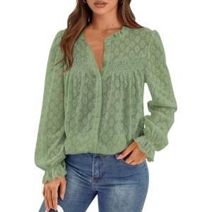 imagePRETTYGARDEN Lace Long Sleeve Shirts Fall Outfits for Women 2025 Casual Button Down Going Out Tops Hollow Out Eyelet BlousesGrass Green