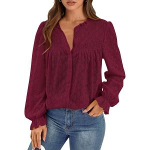 imagePRETTYGARDEN Lace Long Sleeve Shirts Fall Outfits for Women 2025 Casual Button Down Going Out Tops Hollow Out Eyelet BlousesJujube Red