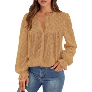 imagePRETTYGARDEN Lace Long Sleeve Shirts Fall Outfits for Women 2025 Casual Button Down Going Out Tops Hollow Out Eyelet BlousesKhaki