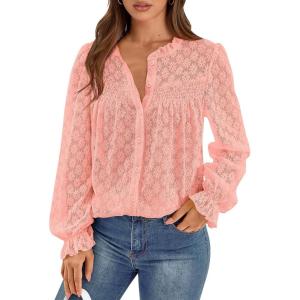 imagePRETTYGARDEN Lace Long Sleeve Shirts Fall Outfits for Women 2025 Casual Button Down Going Out Tops Hollow Out Eyelet BlousesPink
