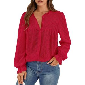 imagePRETTYGARDEN Lace Long Sleeve Shirts Fall Outfits for Women 2025 Casual Button Down Going Out Tops Hollow Out Eyelet BlousesRed
