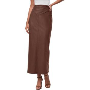 imagePRETTYGARDEN Long Skirts for Women 2025 Fall Fashion Clothing Faux Leather High Waist Dressy Casual Slit Pencil Maxi SkirtBrown