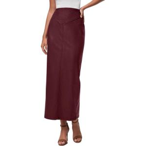 imagePRETTYGARDEN Long Skirts for Women 2025 Fall Fashion Clothing Faux Leather High Waist Dressy Casual Slit Pencil Maxi SkirtBurgundy