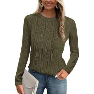 imagePRETTYGARDEN Long Sleeve Tops for Women 2025 Spring Fall Trendy Business Dressy Casual Shirts Crewneck Textured BlouseArmy Green
