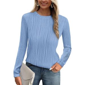 imagePRETTYGARDEN Long Sleeve Tops for Women 2025 Spring Fall Trendy Business Dressy Casual Shirts Crewneck Textured BlouseBlue Grey