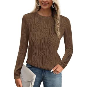 imagePRETTYGARDEN Long Sleeve Tops for Women 2025 Spring Fall Trendy Business Dressy Casual Shirts Crewneck Textured BlouseCoffee