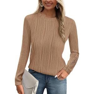 imagePRETTYGARDEN Long Sleeve Tops for Women 2025 Spring Fall Trendy Business Dressy Casual Shirts Crewneck Textured BlouseKhaki