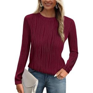 imagePRETTYGARDEN Long Sleeve Tops for Women 2025 Spring Fall Trendy Business Dressy Casual Shirts Crewneck Textured BlouseWine Red