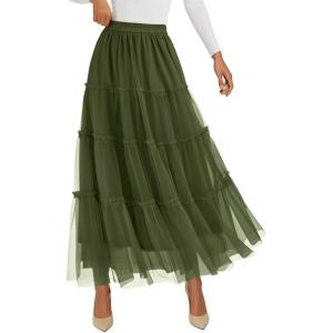 imagePRETTYGARDEN Tulle Skirts for Women 2025 Fall Fashion Elastic High Waisted Fairy Tiered Flowy ALine Casual Maxi Long SkirtArmy Green