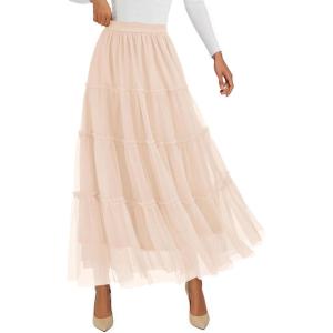 imagePRETTYGARDEN Tulle Skirts for Women 2025 Fall Fashion Elastic High Waisted Fairy Tiered Flowy ALine Casual Maxi Long SkirtBeige