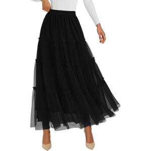 imagePRETTYGARDEN Tulle Skirts for Women 2025 Fall Fashion Elastic High Waisted Fairy Tiered Flowy ALine Casual Maxi Long SkirtBlack
