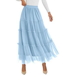 imagePRETTYGARDEN Tulle Skirts for Women 2025 Fall Fashion Elastic High Waisted Fairy Tiered Flowy ALine Casual Maxi Long SkirtLight Blue