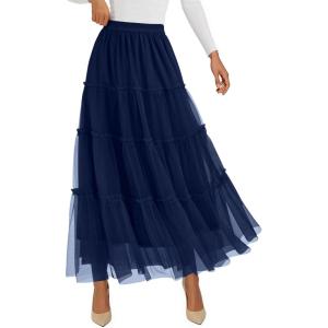imagePRETTYGARDEN Tulle Skirts for Women 2025 Fall Fashion Elastic High Waisted Fairy Tiered Flowy ALine Casual Maxi Long SkirtNavy Blue