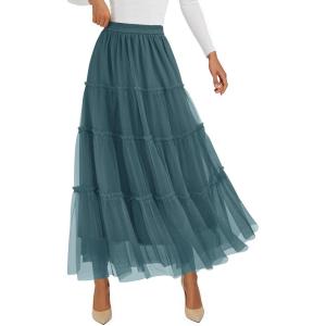 imagePRETTYGARDEN Tulle Skirts for Women 2025 Fall Fashion Elastic High Waisted Fairy Tiered Flowy ALine Casual Maxi Long SkirtSage Green