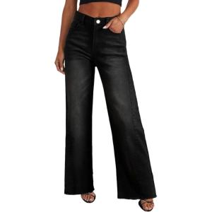imagePRETTYGARDEN Wide Leg Jeans for Women Trendy 2025 High Waisted Stretchy Baggy Raw Hem Denim Palazzo Pants with PocketsBlack