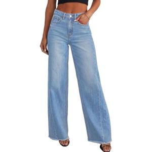 imagePRETTYGARDEN Wide Leg Jeans for Women Trendy 2025 High Waisted Stretchy Baggy Raw Hem Denim Palazzo Pants with PocketsSky Blue