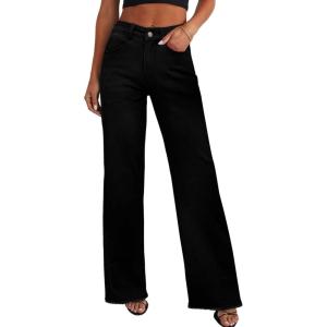 imagePRETTYGARDEN Wide Leg Jeans for Women Trendy 2025 High Waisted Stretchy Baggy Raw Hem Denim Palazzo Pants with PocketsSolid Black