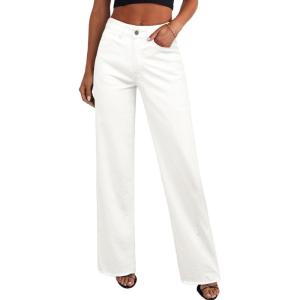 imagePRETTYGARDEN Wide Leg Jeans for Women Trendy 2025 High Waisted Stretchy Baggy Raw Hem Denim Palazzo Pants with PocketsWhite