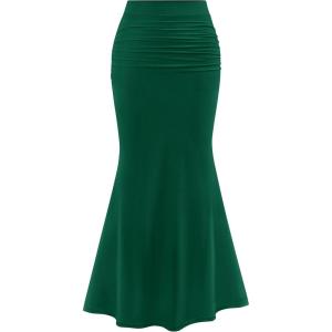 imagePRETTYGARDEN Women Bodycon Mermaid Skirt 2025 Spring Summer Casual Fitted Mesh High Waisted Ruched Maxi Long Going Out OutfitDark Green