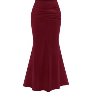 imagePRETTYGARDEN Women Bodycon Mermaid Skirt 2025 Spring Summer Casual Fitted Mesh High Waisted Ruched Maxi Long Going Out OutfitWine Red