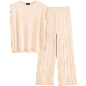 imagePRETTYGARDEN Womens 2 Piece Outfits Knit Loungewear High Low Pullover Tops and Wide Leg Pants Casual Sweater Sets TracksuitsApricot