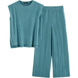imagePRETTYGARDEN Womens 2 Piece Outfits Knit Loungewear High Low Pullover Tops and Wide Leg Pants Casual Sweater Sets TracksuitsLake Blue