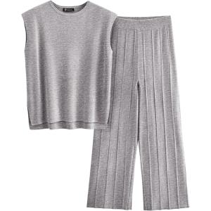 imagePRETTYGARDEN Womens 2 Piece Outfits Knit Loungewear High Low Pullover Tops and Wide Leg Pants Casual Sweater Sets TracksuitsLight Grey