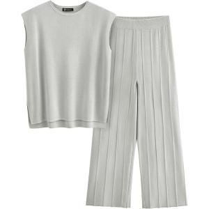 imagePRETTYGARDEN Womens 2 Piece Outfits Knit Loungewear High Low Pullover Tops and Wide Leg Pants Casual Sweater Sets TracksuitsSilver Grey