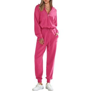 imagePRETTYGARDEN Womens 2 Piece Sweater Set Pullover Zip Up Sweatshirt Jogger Sweatpants Tracksuit Casual OutfitRose Red