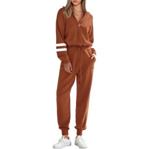 imagePRETTYGARDEN Womens 2 Piece Sweater Set Pullover Zip Up Sweatshirt Jogger Sweatpants Tracksuit Casual OutfitStriped Caramel