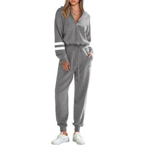 imagePRETTYGARDEN Womens 2 Piece Sweater Set Pullover Zip Up Sweatshirt Jogger Sweatpants Tracksuit Casual OutfitStriped Grey
