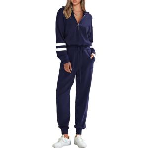 imagePRETTYGARDEN Womens 2 Piece Sweater Set Pullover Zip Up Sweatshirt Jogger Sweatpants Tracksuit Casual OutfitStriped Navy