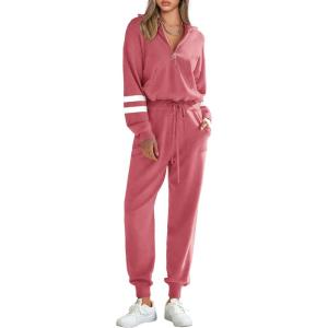 imagePRETTYGARDEN Womens 2 Piece Sweater Set Pullover Zip Up Sweatshirt Jogger Sweatpants Tracksuit Casual OutfitStriped Pink