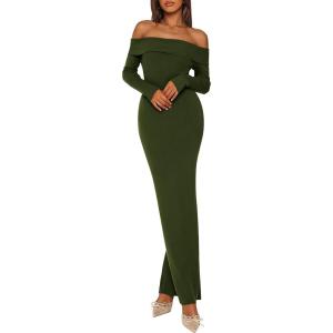 imagePRETTYGARDEN Womens 2025 Fall Sweater Dress Long Sleeve Off Shoulder Slit Maxi Bodycon Cocktail Party DressesArmy Green